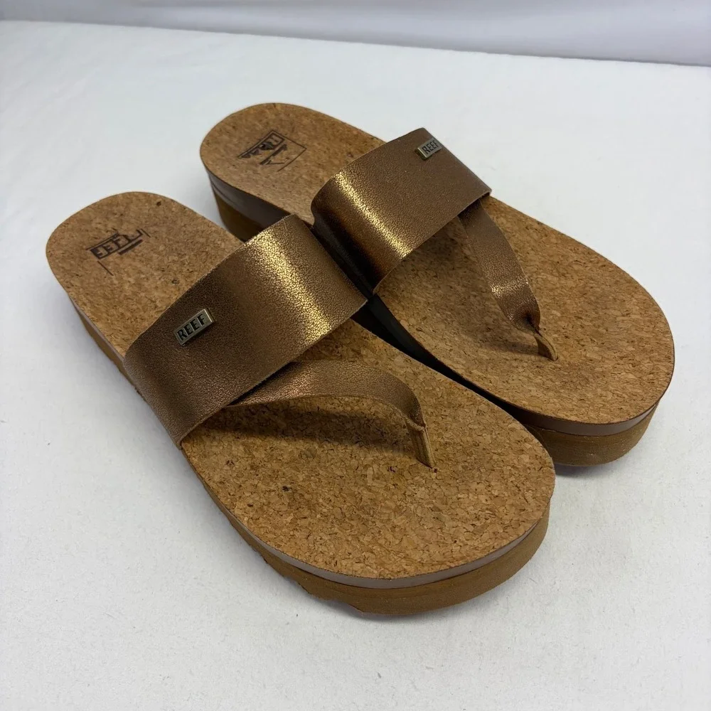 Reef Cushion Sol Hi Sandals Womens 9 Bronze Metallic Cork Platform Flip Flops